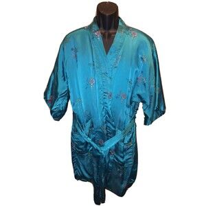 Vintage 1960's Solz Squirrel Floral Blue Rayon Smoking Jacket Robe w Belt Size M